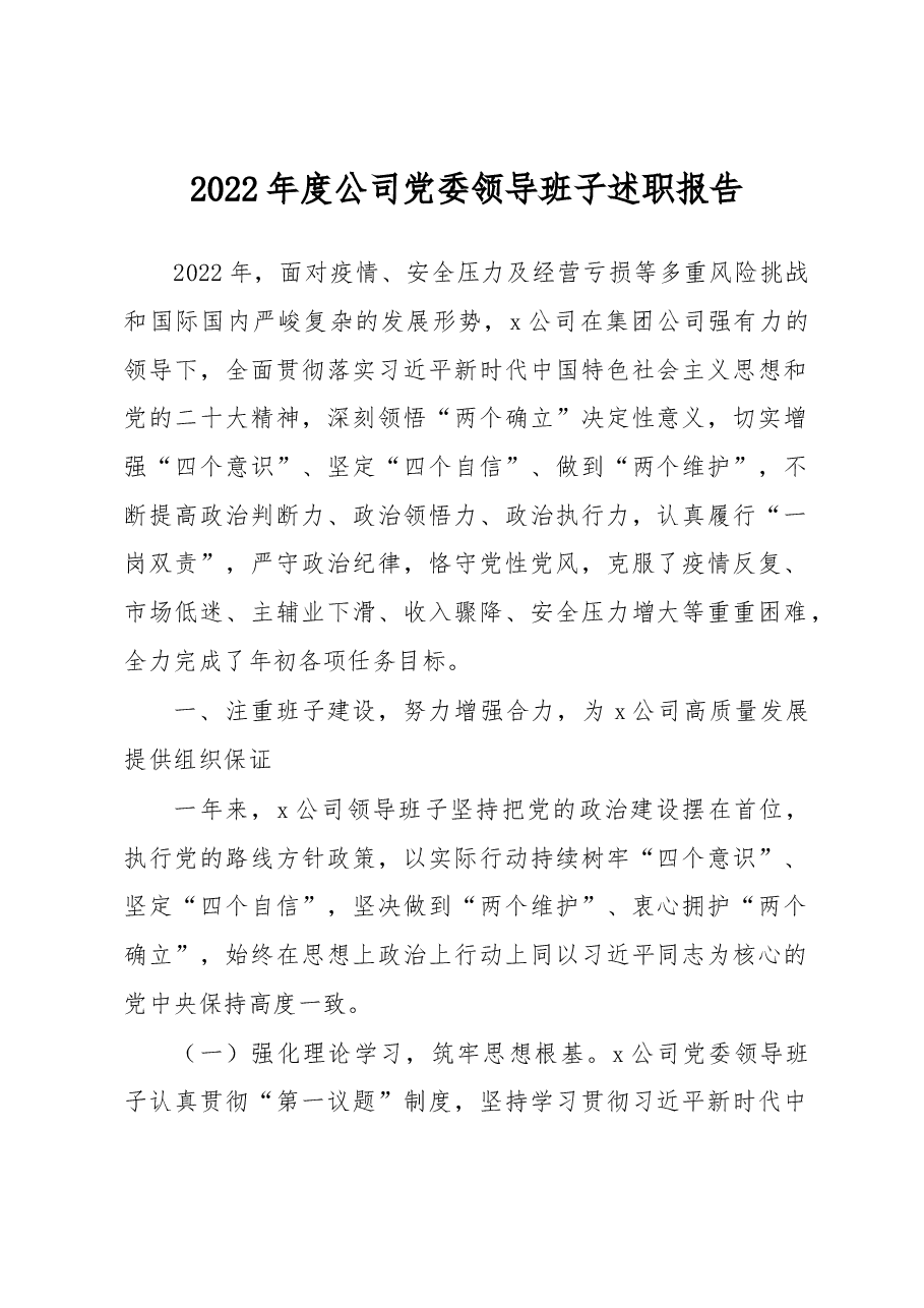 2022年度公司党委领导班子述职报告.docx,第1页预览