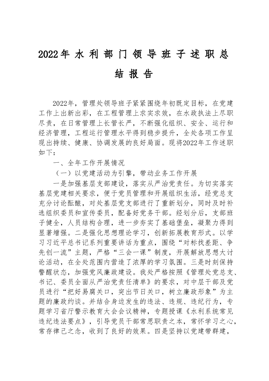 2022年水利部门领导班子述职总结报告.doc,第1页预览