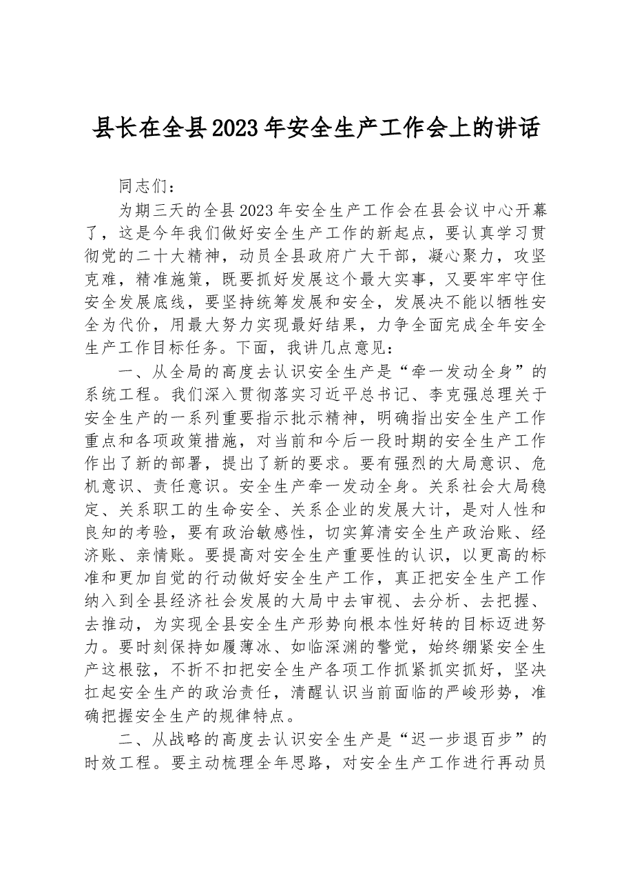 县长在全县2023年安全生产工作会上的讲话.docx,第1页预览