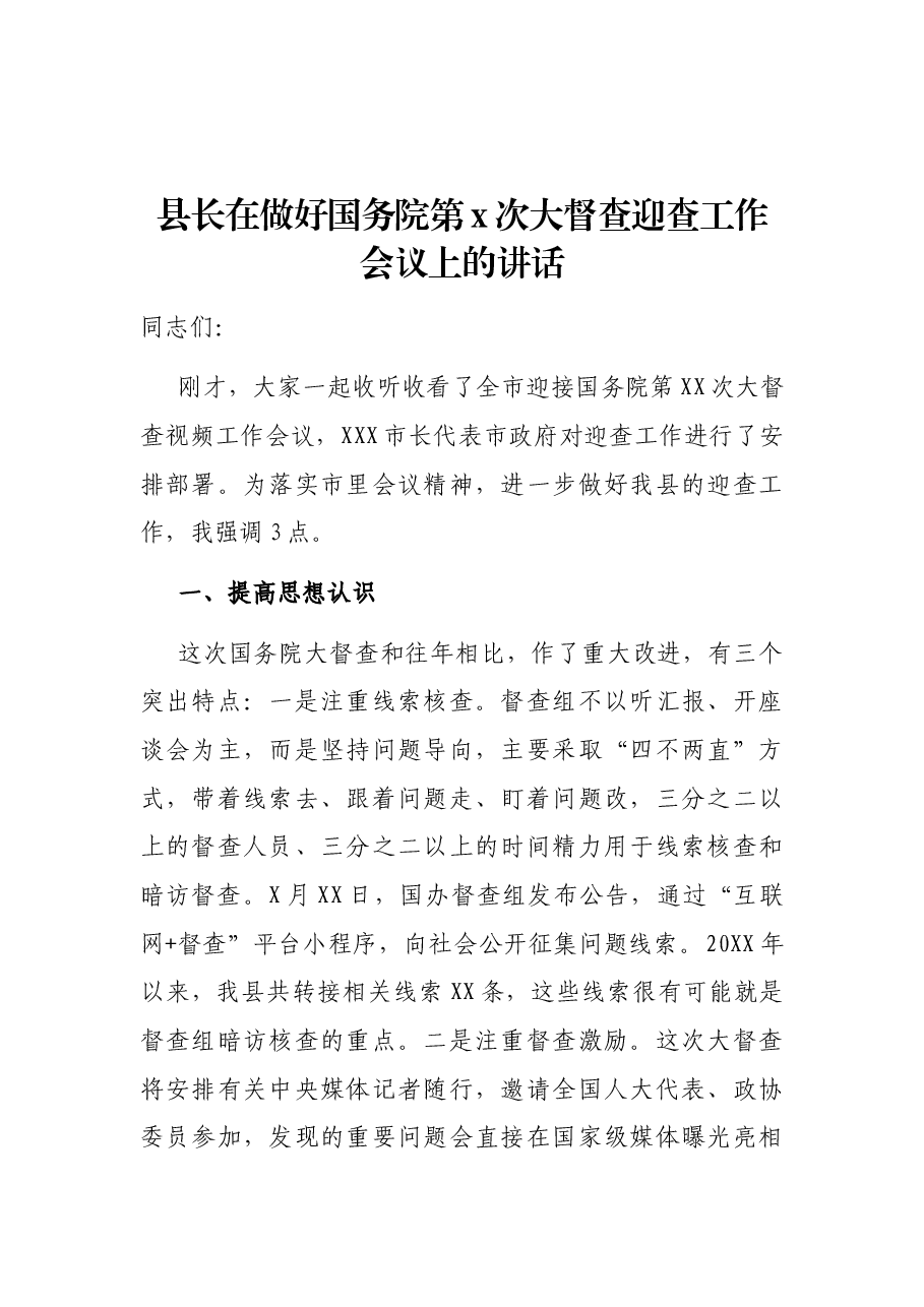 县长在做好国务院第x次大督查迎查工作会议上的讲话.docx,第1页预览