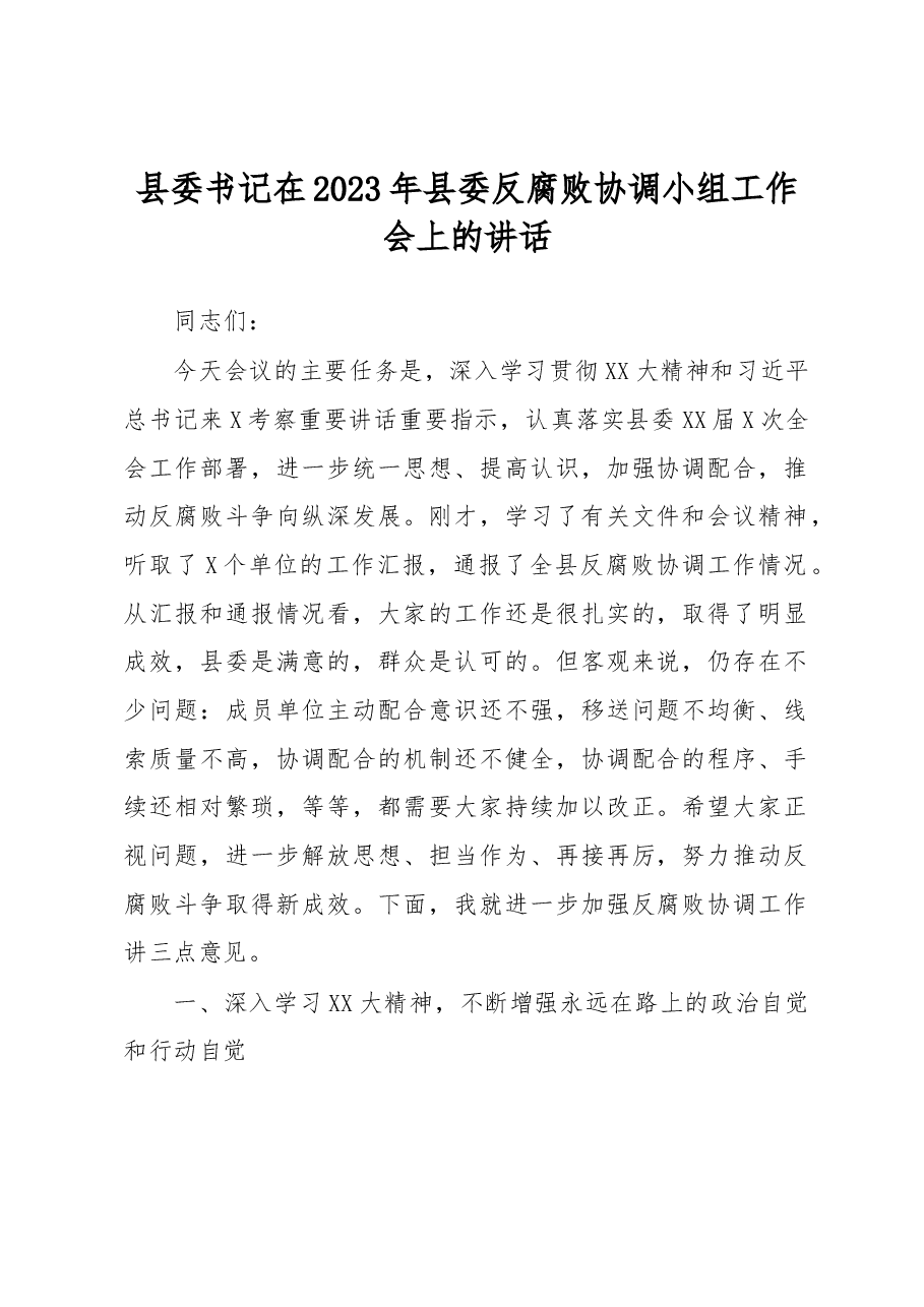 县委书记在2023年县委反腐败协调小组工作会上的讲话.docx,第1页预览