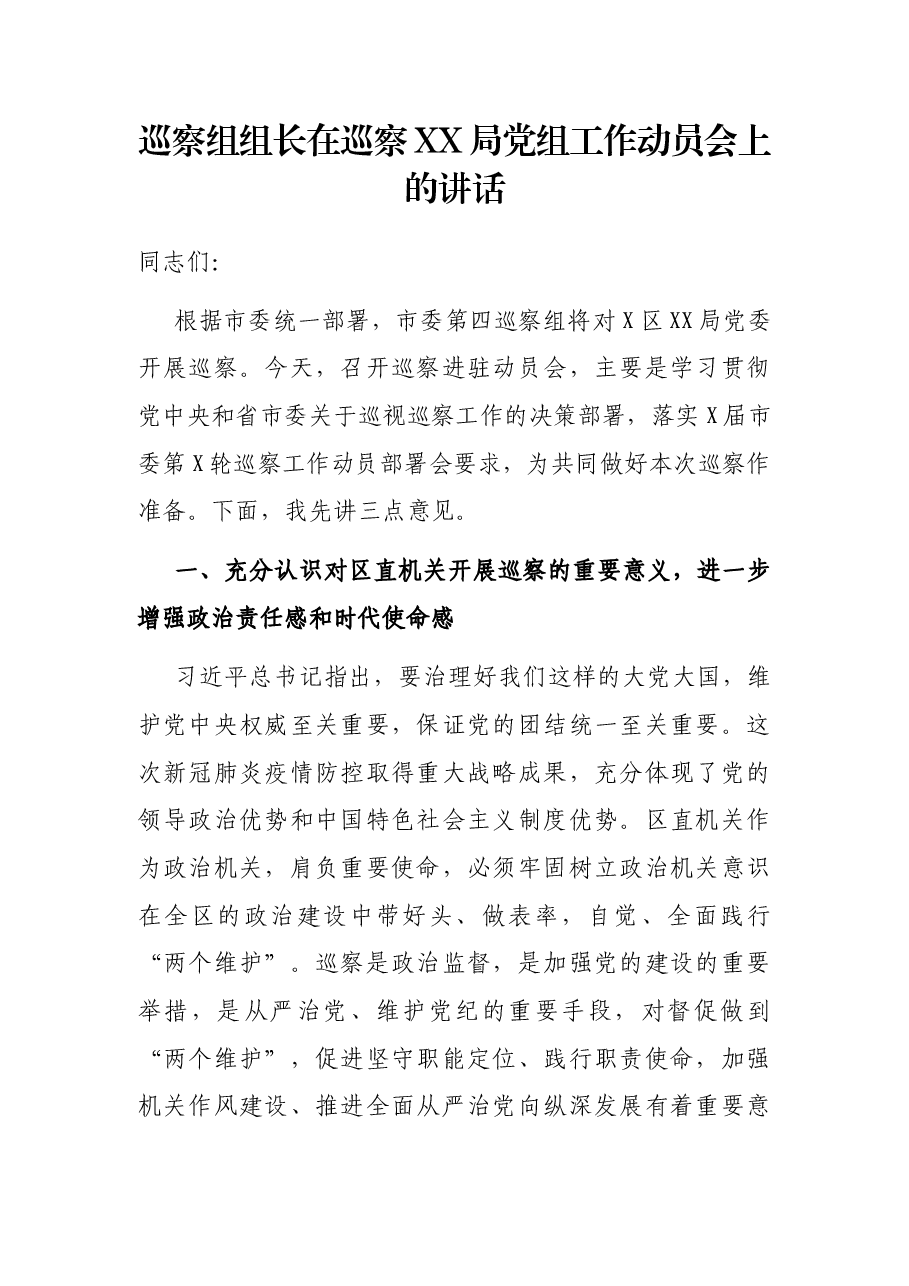 巡察组组长在巡察XX局党组工作动员会上的讲话.docx,第1页预览