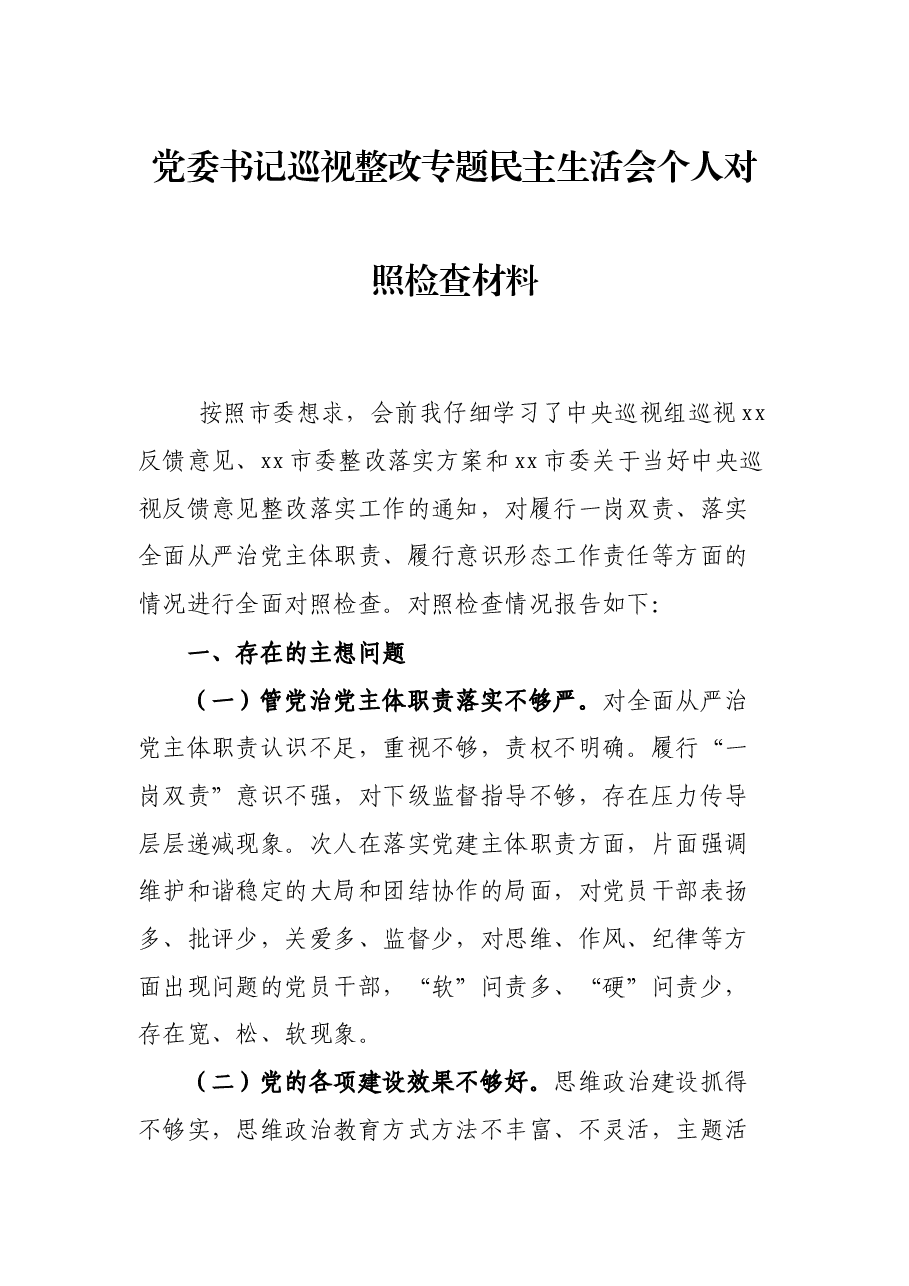 党委书记巡视整改专题民主生活会个人对照检查材料.docx,第1页预览