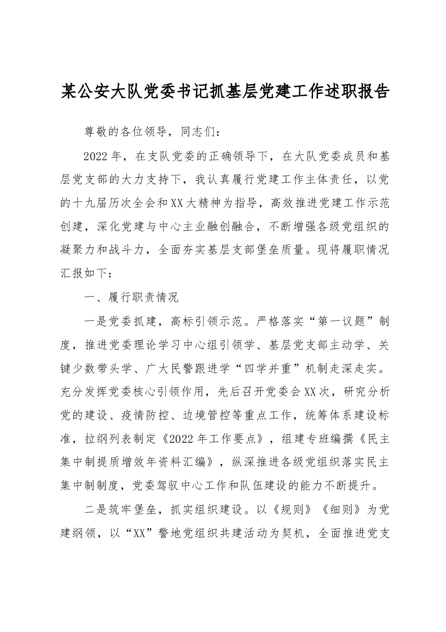 某公安大队党委书记抓基层党建工作述职报告.docx,第1页预览