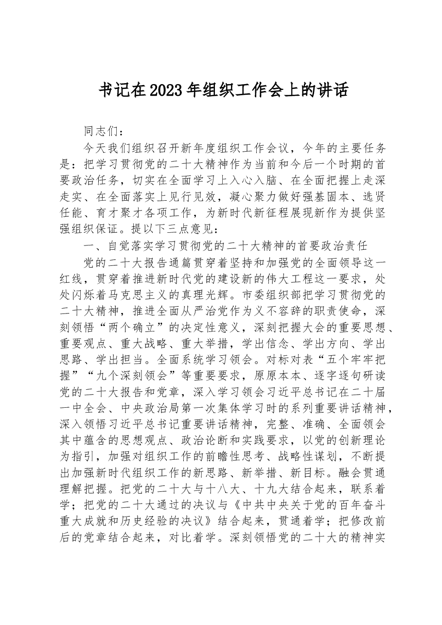 书记在2023年组织工作会上的讲话.docx,第1页预览