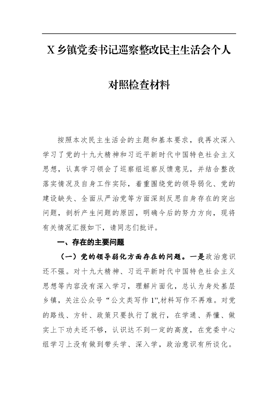 X乡镇党委书记巡察整改民主生活会个人对照检查材料.docx,第1页预览