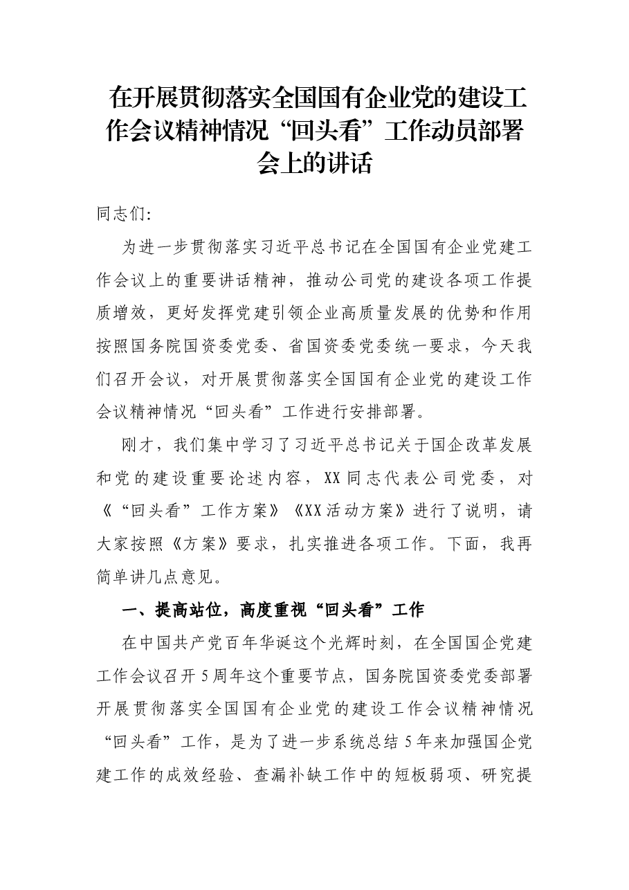 在开展贯彻落实全国国有企业党的建设工作会议精神情况“回头看”工作动员部署会上的讲话.docx,第1页预览