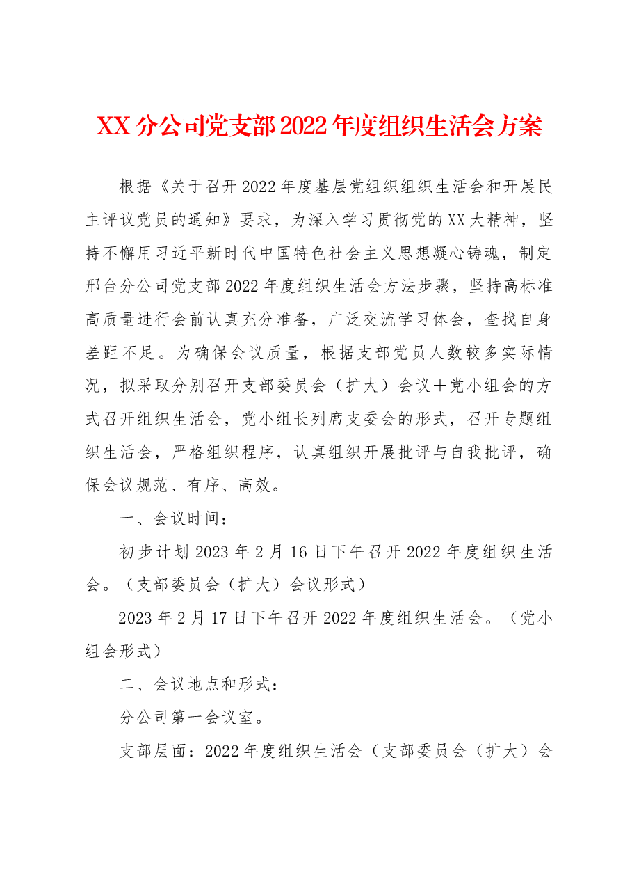 XX分公司党支部2022年度组织生活会方案.docx,第1页预览