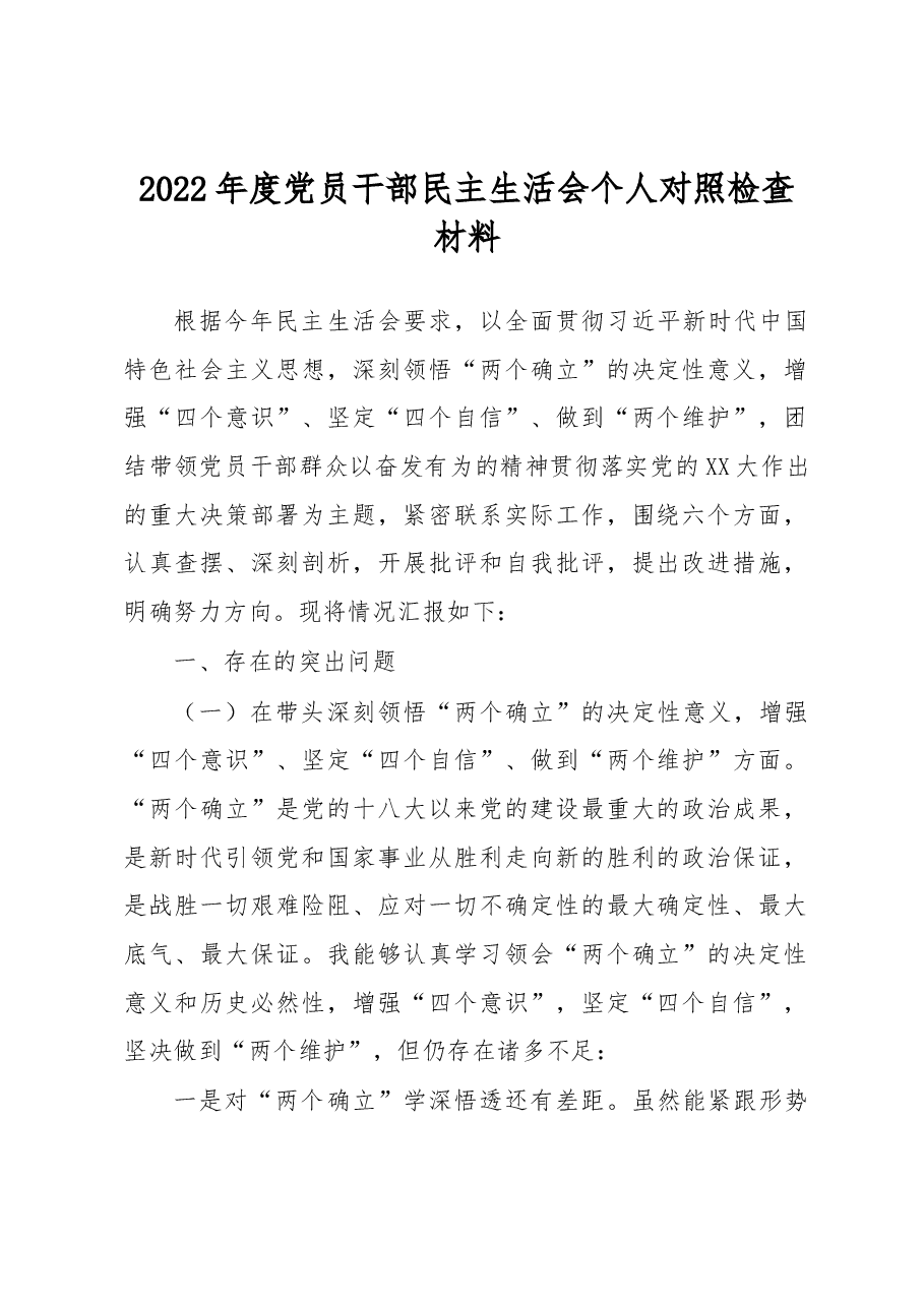 2022年度党员干部民主生活会个人对照检查材料.docx,第1页预览