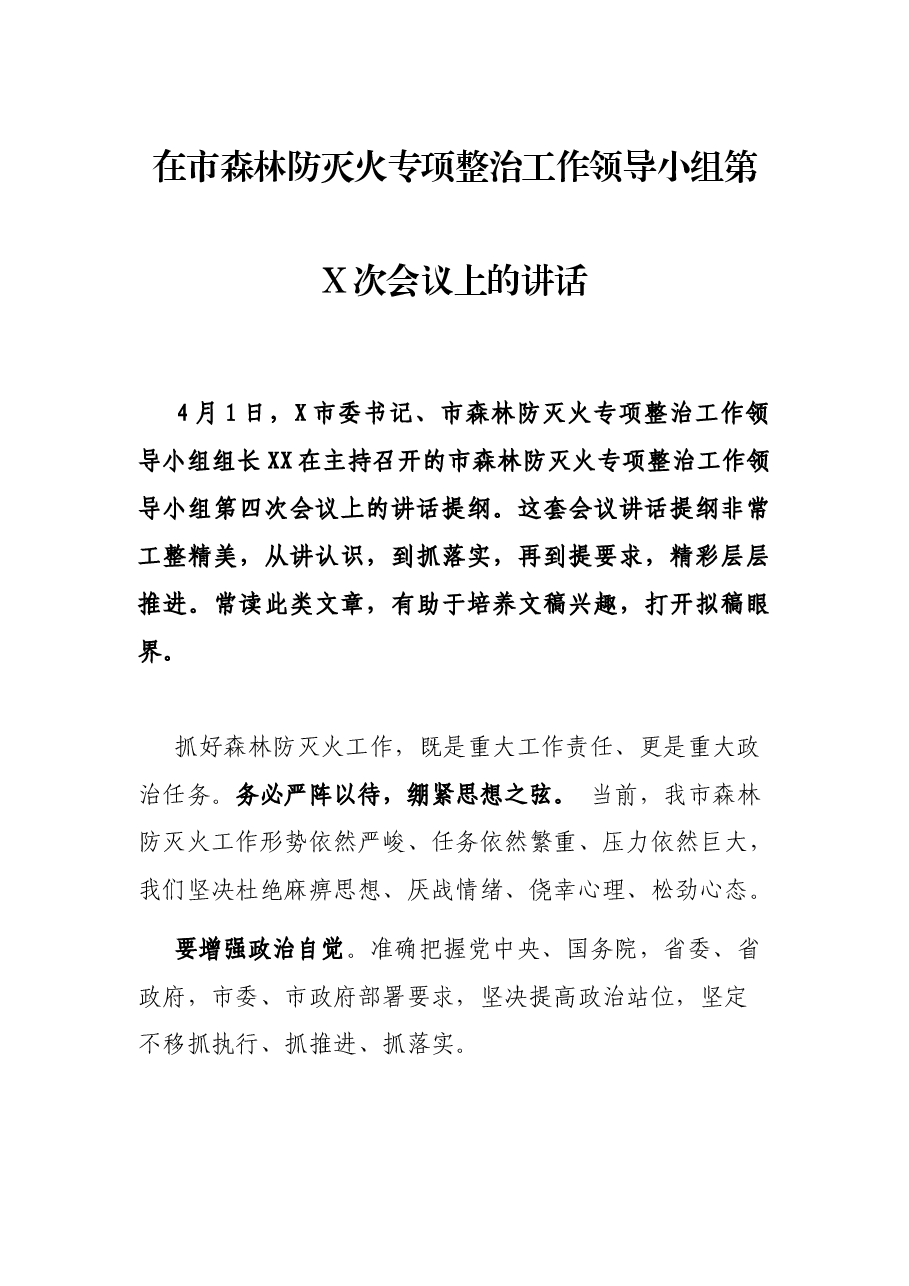在市森林防灭火专项整治工作领导小组第X次会议上的讲话.docx，第1页预览