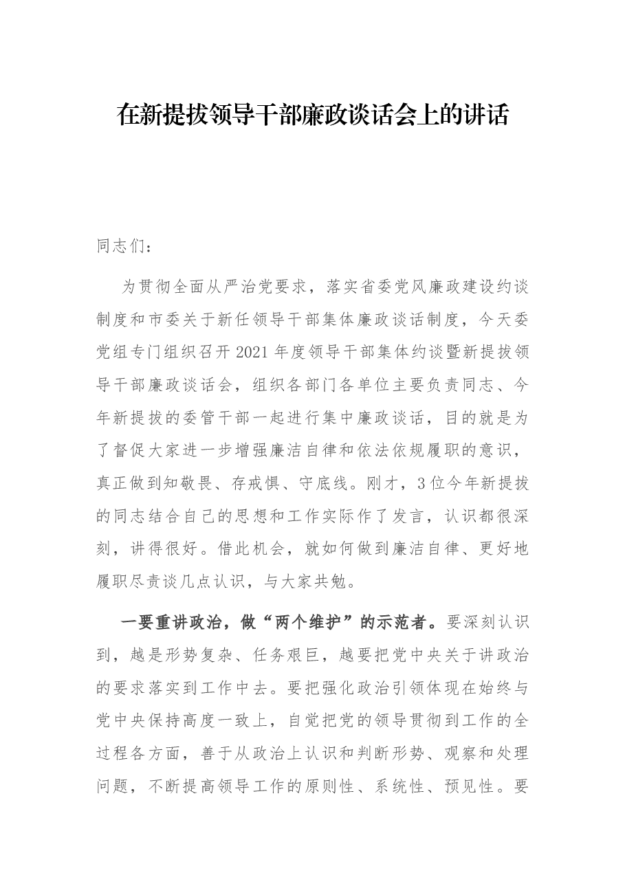 在新提拔领导干部廉政谈话会上的讲话.docx,第1页预览