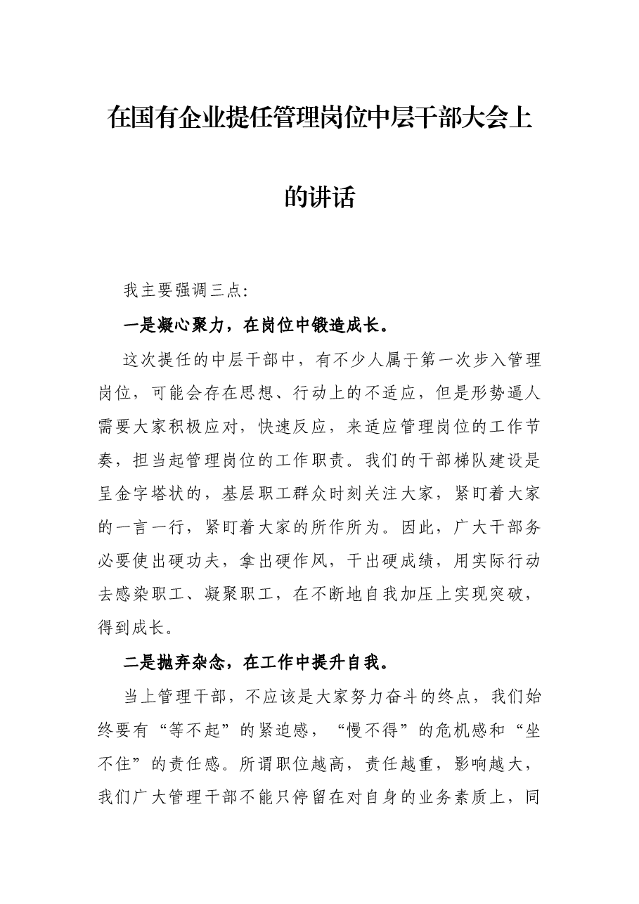 在国有企业提任管理岗位中层干部大会上的讲话.docx,第1页预览
