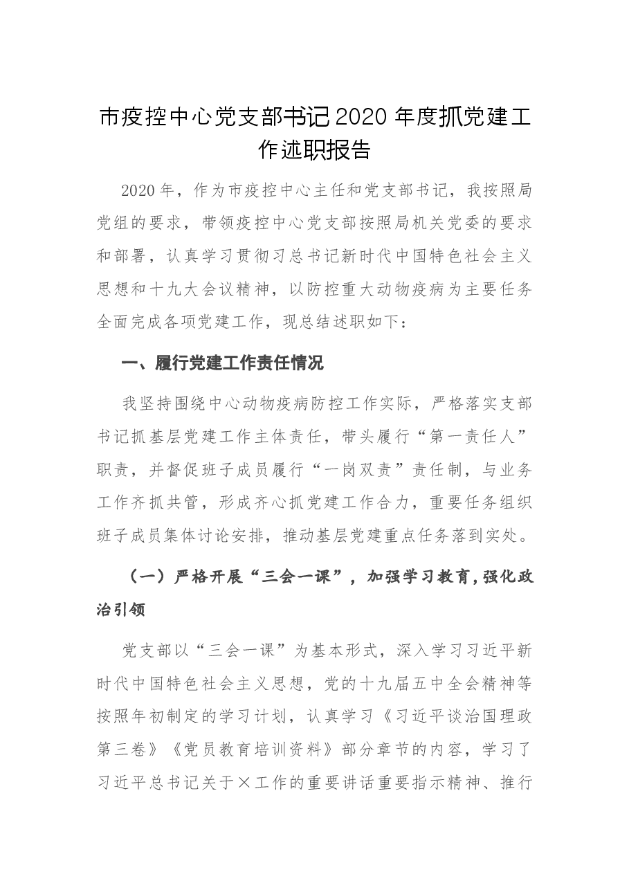 市疫控中心党支部书记2020年度抓党建工作述职报告.docx,第1页预览