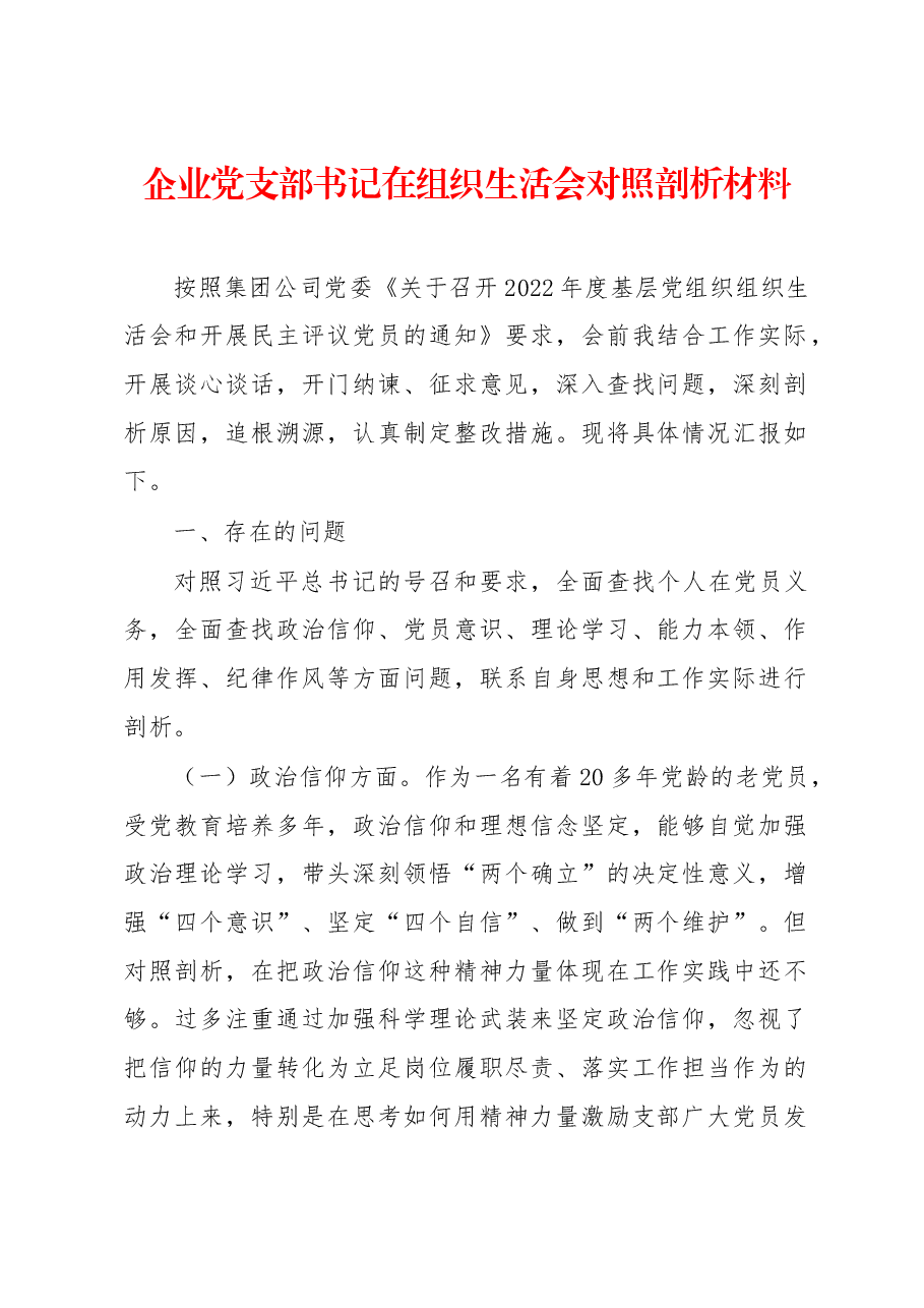 企业党支部书记在组织生活会对照剖析材料.docx,第1页预览