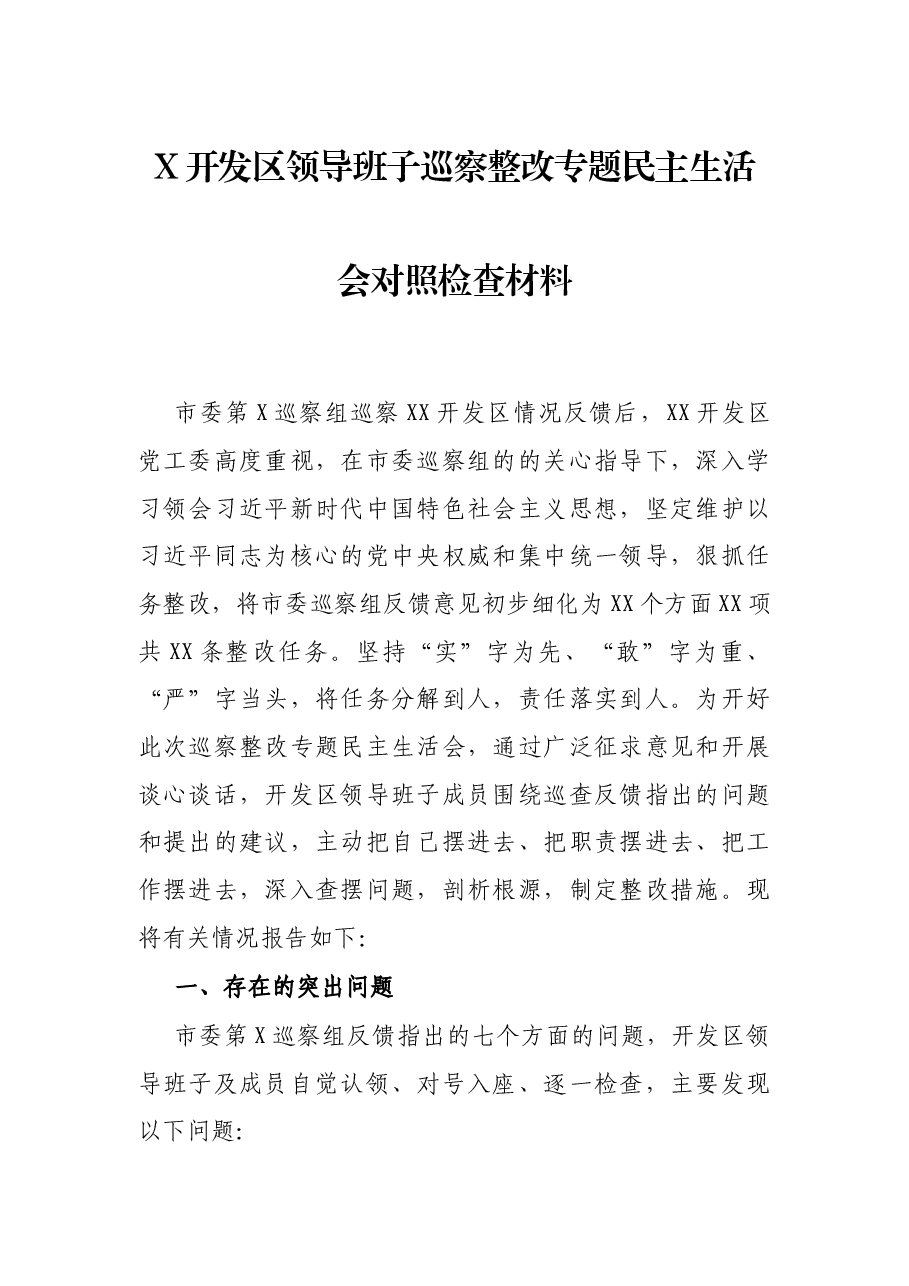 X开发区领导班子巡察整改专题民主生活会对照检查材料.docx,第1页预览