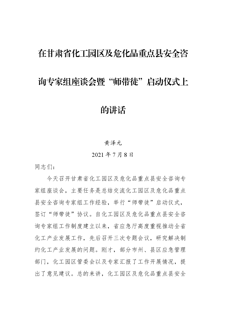 在甘肃省化工园区及危化品重点县安全咨询专家组座谈会暨“师带徒”启动仪式上的讲话.docx,第1页预览