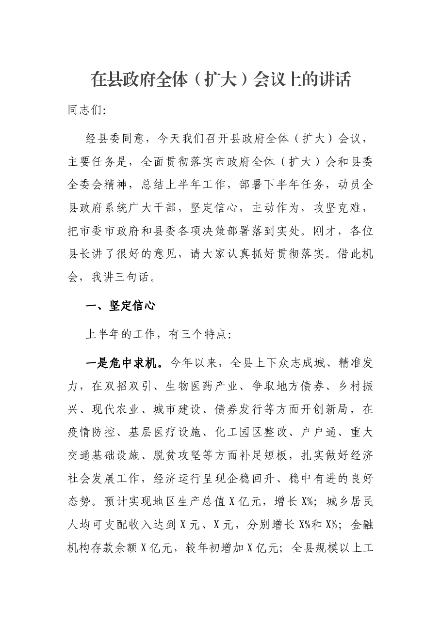 在县政府全体(扩大)会议上的讲话.docx,第1页预览