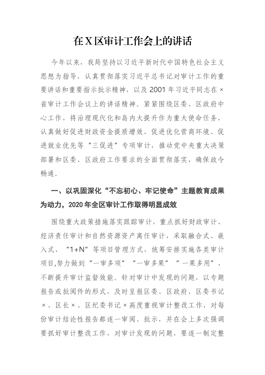 在X区审计工作会上的讲话.docx,第1页预览