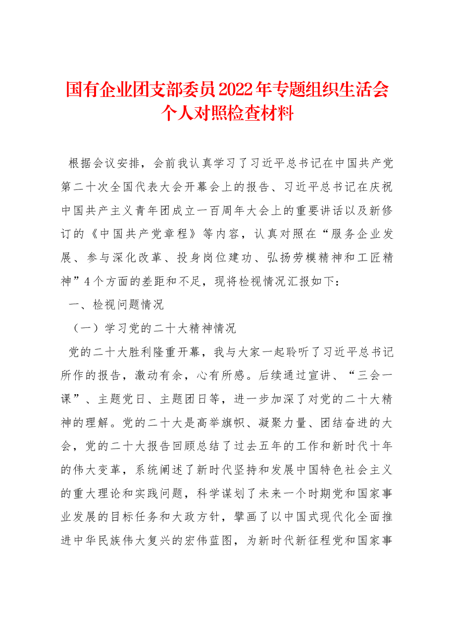 国有企业团支部委员2022年专题组织生活会个人对照检查材料.docx，第1页预览