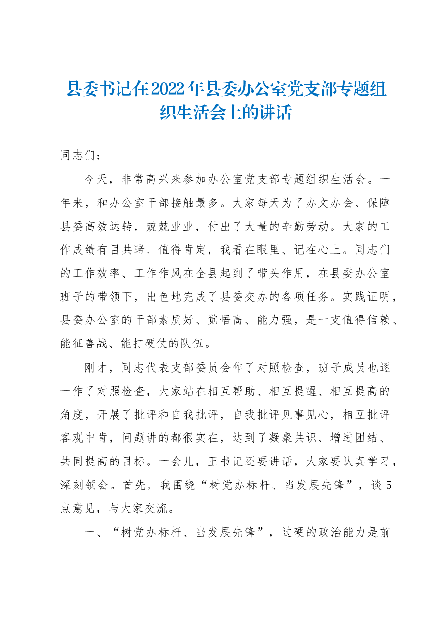 县委书记在2022年县委办公室党支部专题组织生活会上的讲话.docx,第1页预览