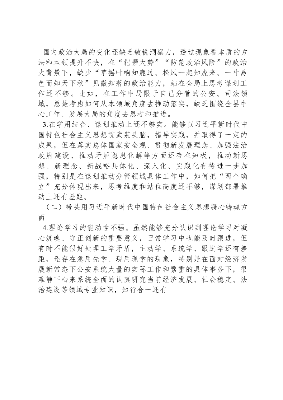 2022年度公安局党委书记、局长民主生活会个人发言提纲.docx,第2页预览