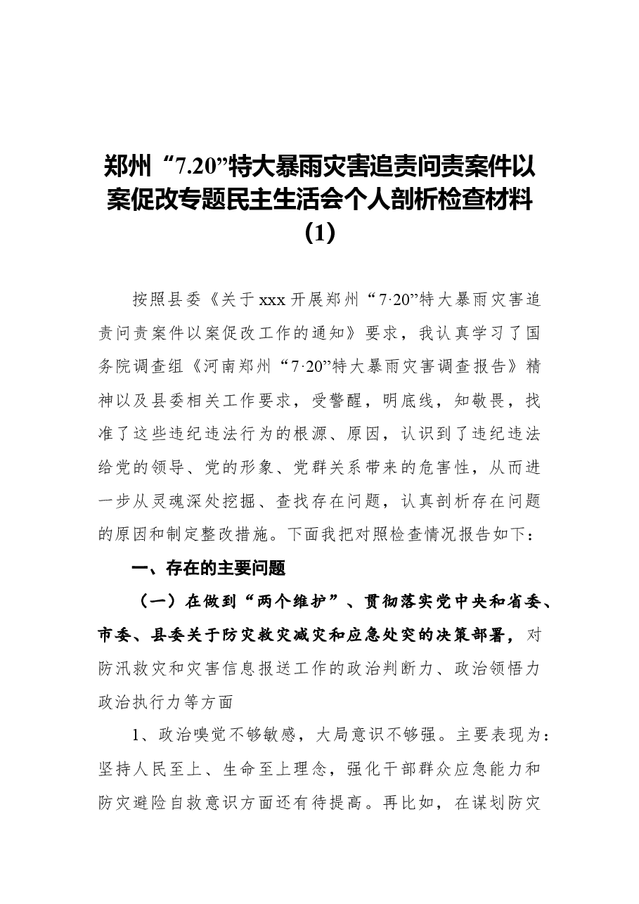 (2篇)郑州“7.20”特大暴雨灾害追责问责案件以案促改专题民主生活会个人剖析检查材料汇编.docx,第2页预览