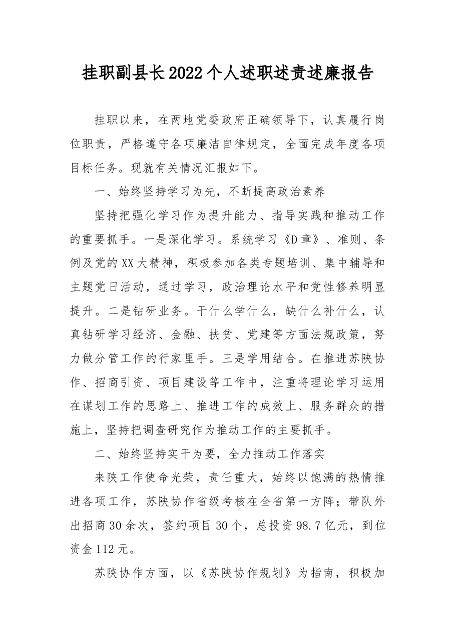 挂职副县长2022个人述职述责述廉报告.docx,第1页预览