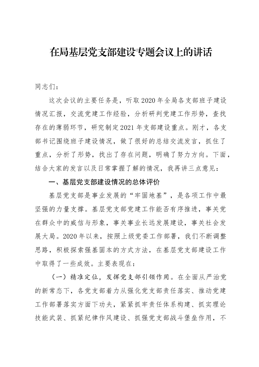 在局基层党支部建设专题会议上的讲话.docx，第1页预览