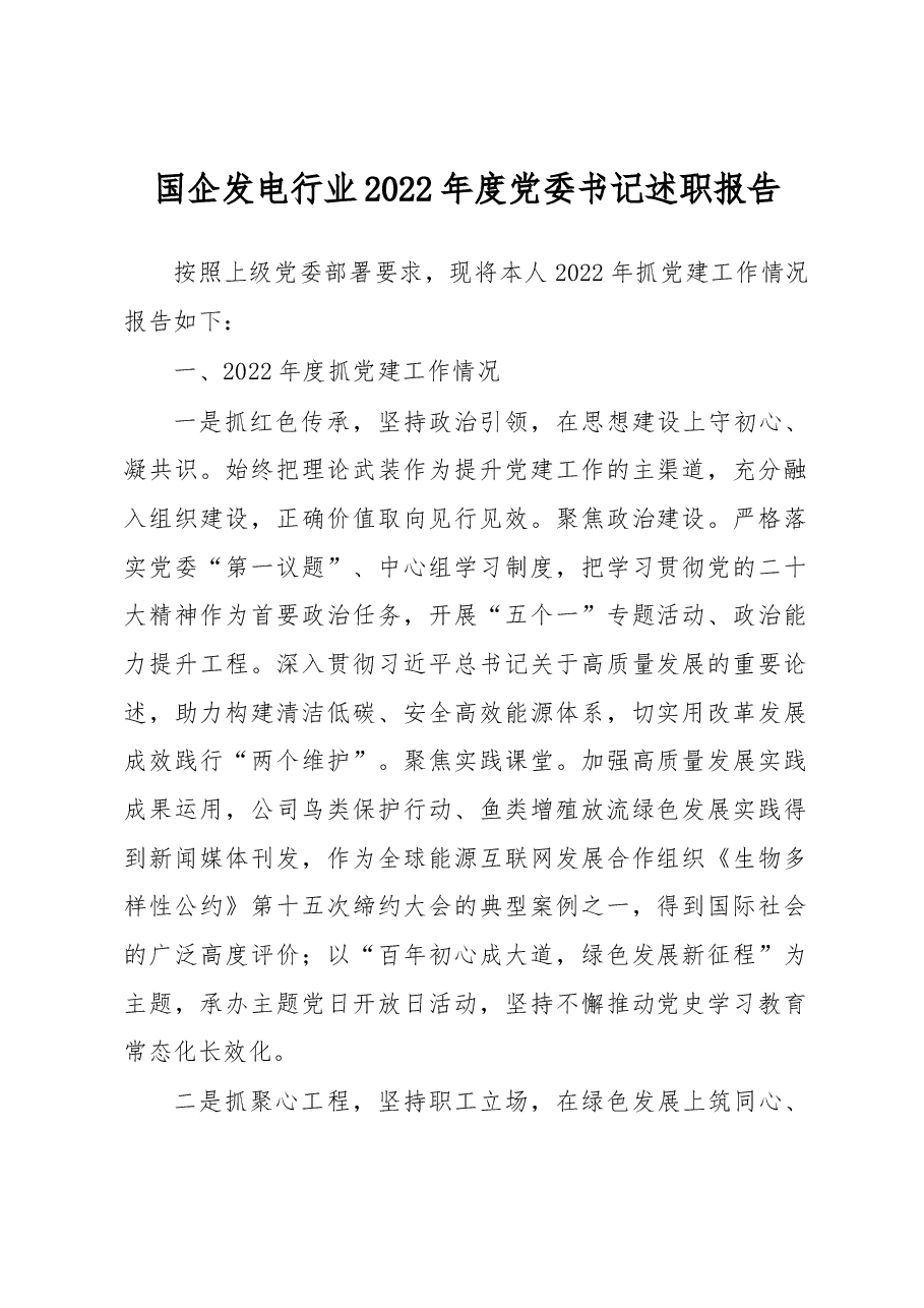 国企发电行业2022年度党委书记述职报告.docx,第1页预览