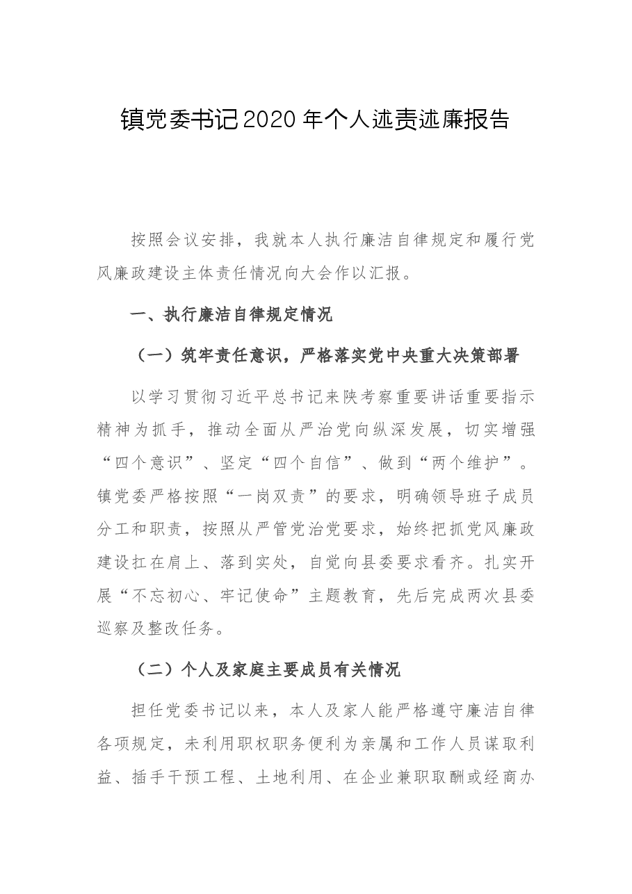 镇党委书记2020年个人述责述廉报告.docx,第1页预览