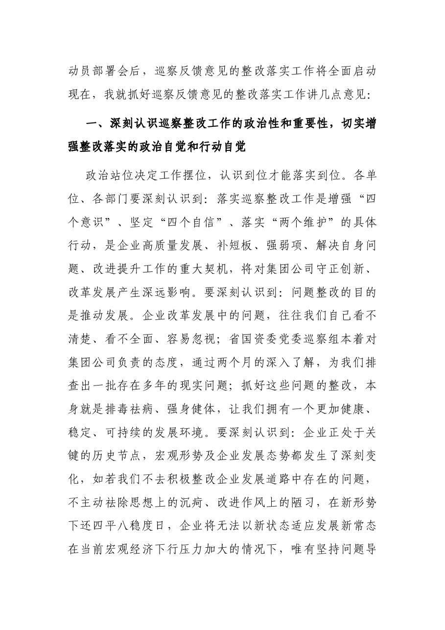 在落实XX党委巡察组反馈意见整改工作动员会上的讲话.docx,第2页预览