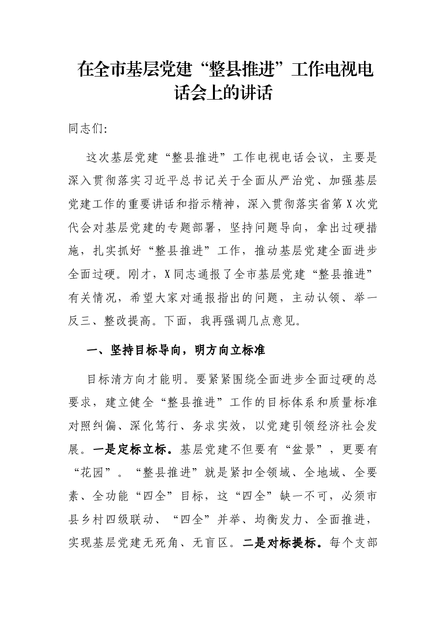 在全市基层党建“整县推进”工作电视电话会上的讲话.docx,第1页预览
