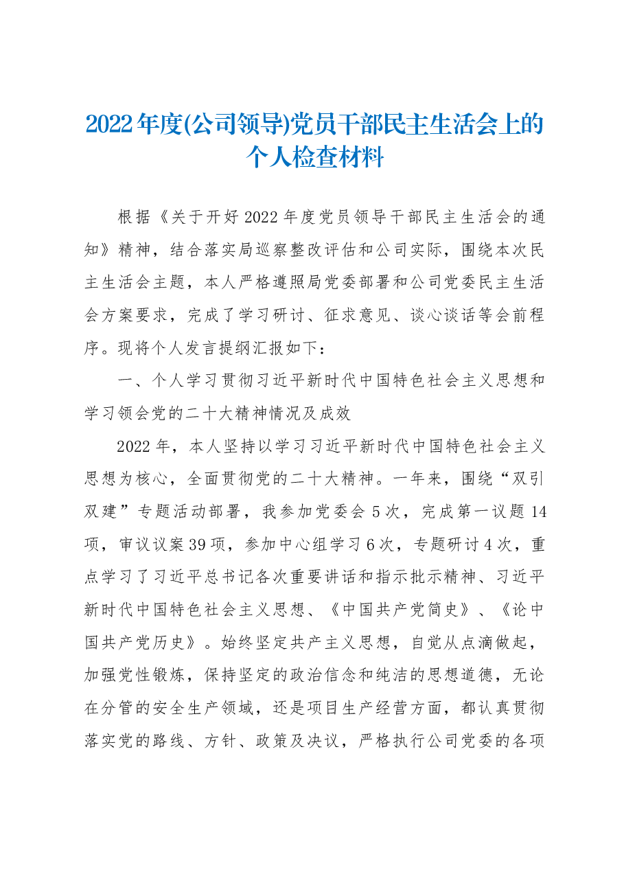 2022年度(公司领导)党员干部民主生活会上的个人检查材料.docx,第1页预览