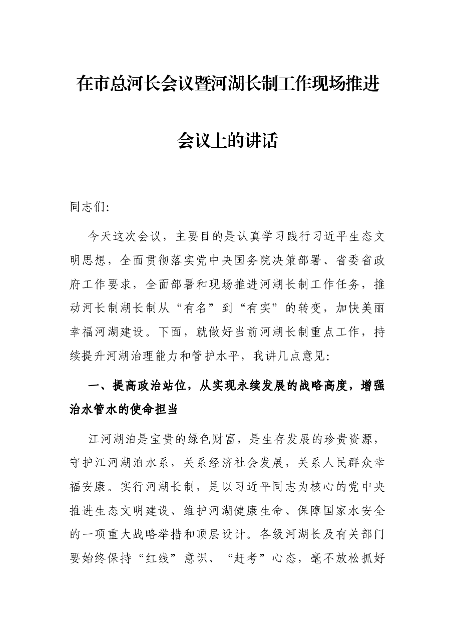 在市总河长会议暨河湖长制工作现场推进会议上的讲话.docx,第1页预览