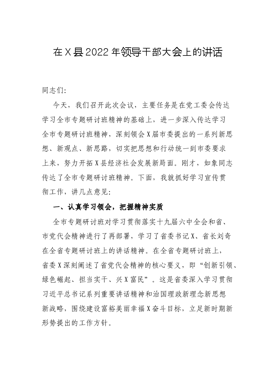 在X县2022年领导干部大会上的讲话.docx,第1页预览