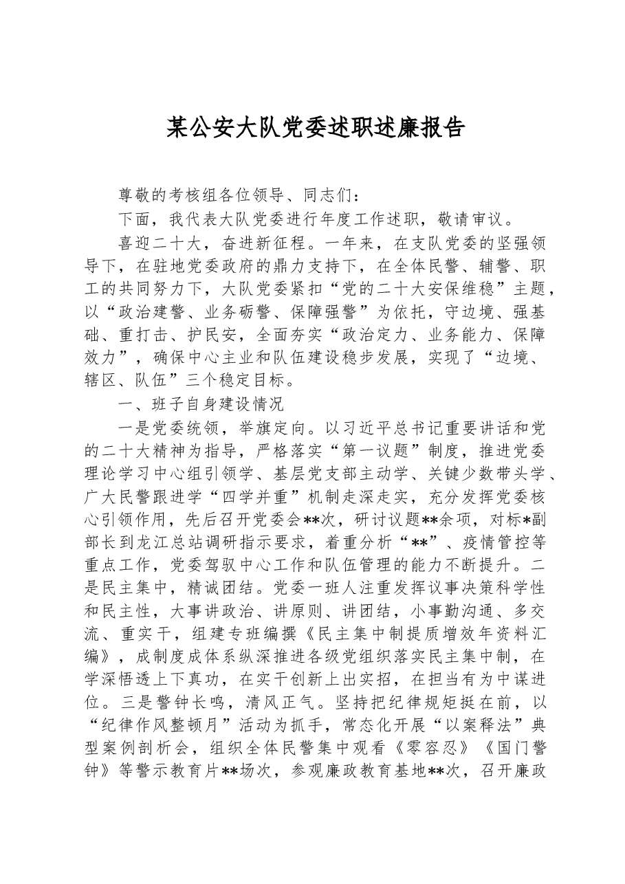 某公安大队党委述职述廉报告.docx,第1页预览