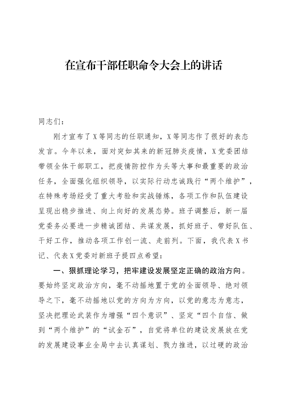 在宣布干部任职命令大会上的讲话.docx,第1页预览