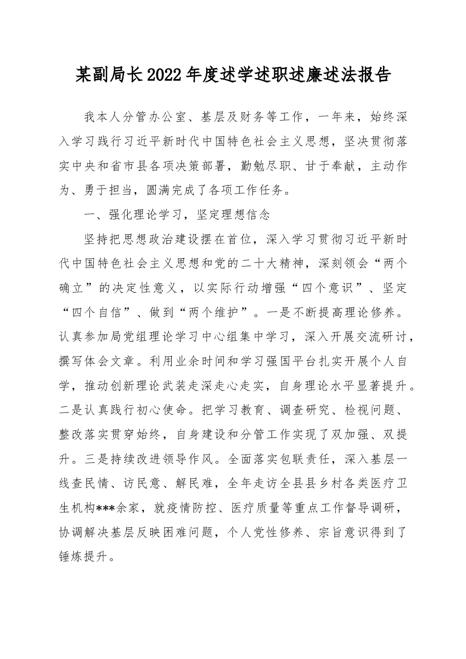 某副局长2022年度述学述职述廉述法报告.docx,第1页预览