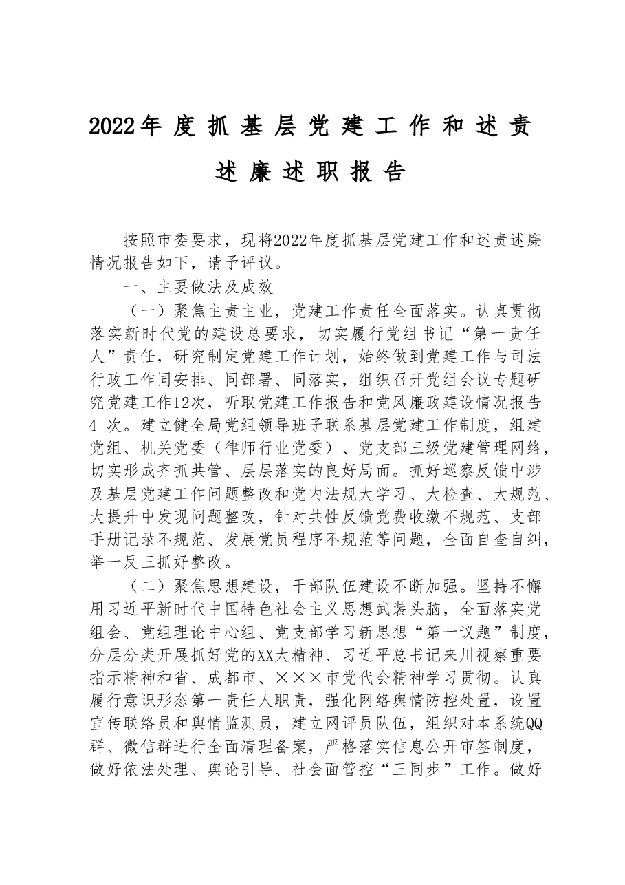 2022年度抓基层党建工作和述责述廉述职报告.doc,第1页预览