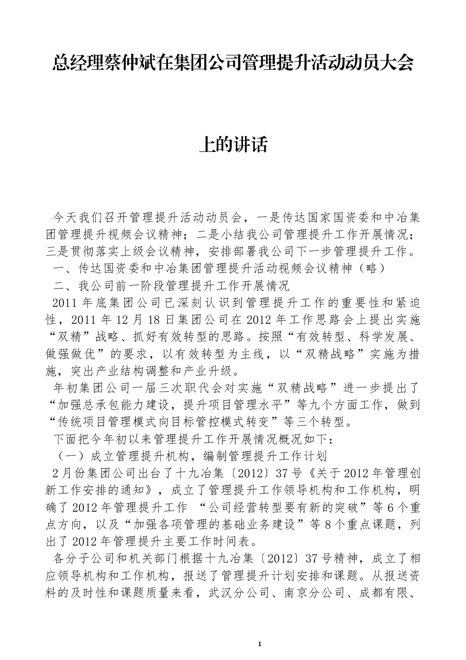 总经理蔡仲斌在集团公司管理提升活动动员大会上的讲话.docx,第1页预览