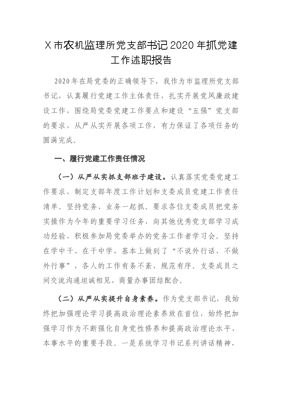 X市农机监理所党支部书记2020年抓党建工作述职报告.docx，第1页预览