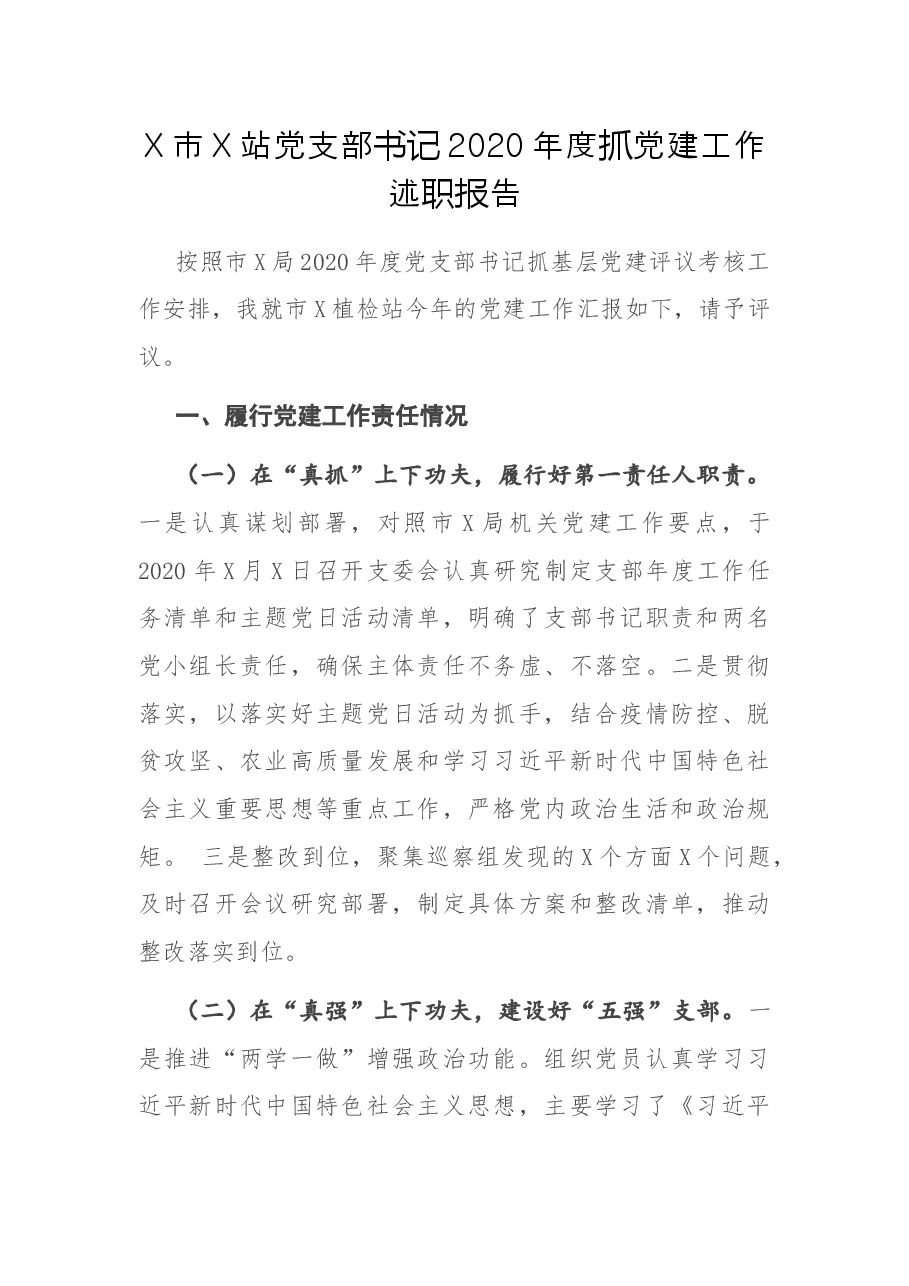 X市X站党支部书记2020年度抓党建工作述职报告.docx,第1页预览