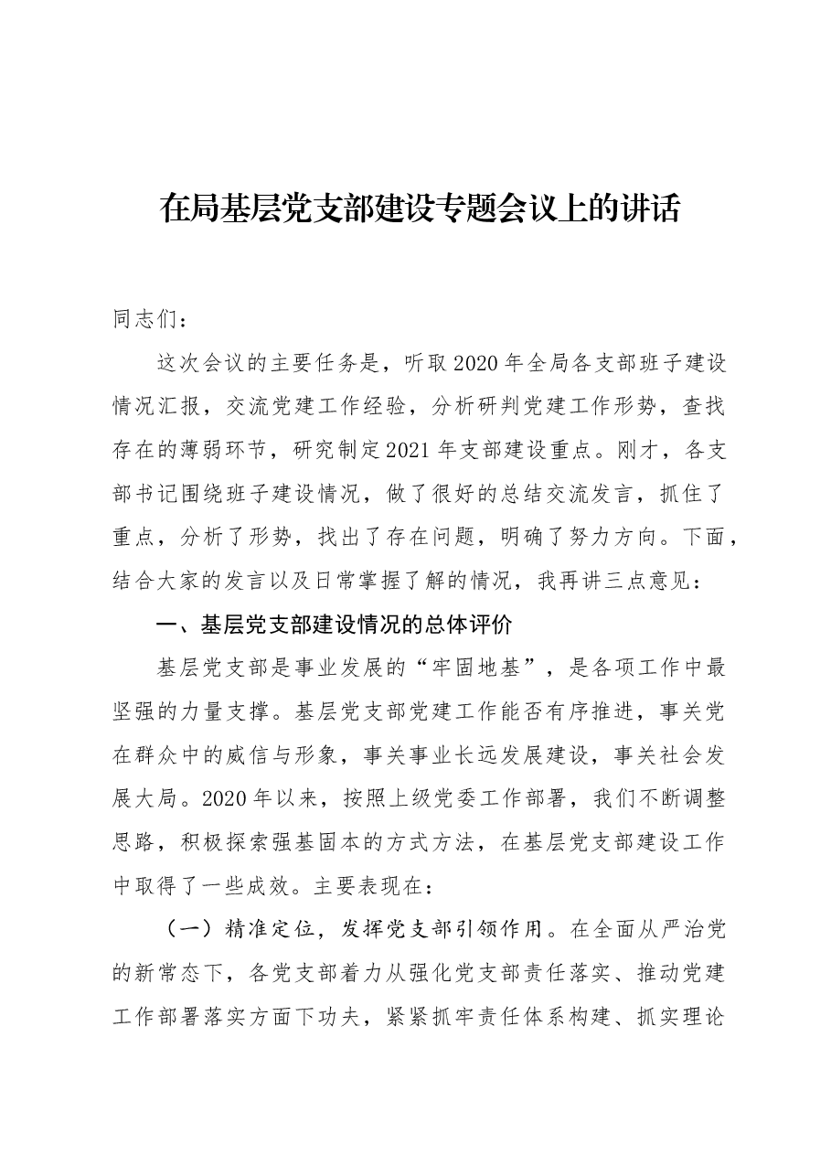 在X局基层党支部建设专题会议上的讲话.docx,第1页预览