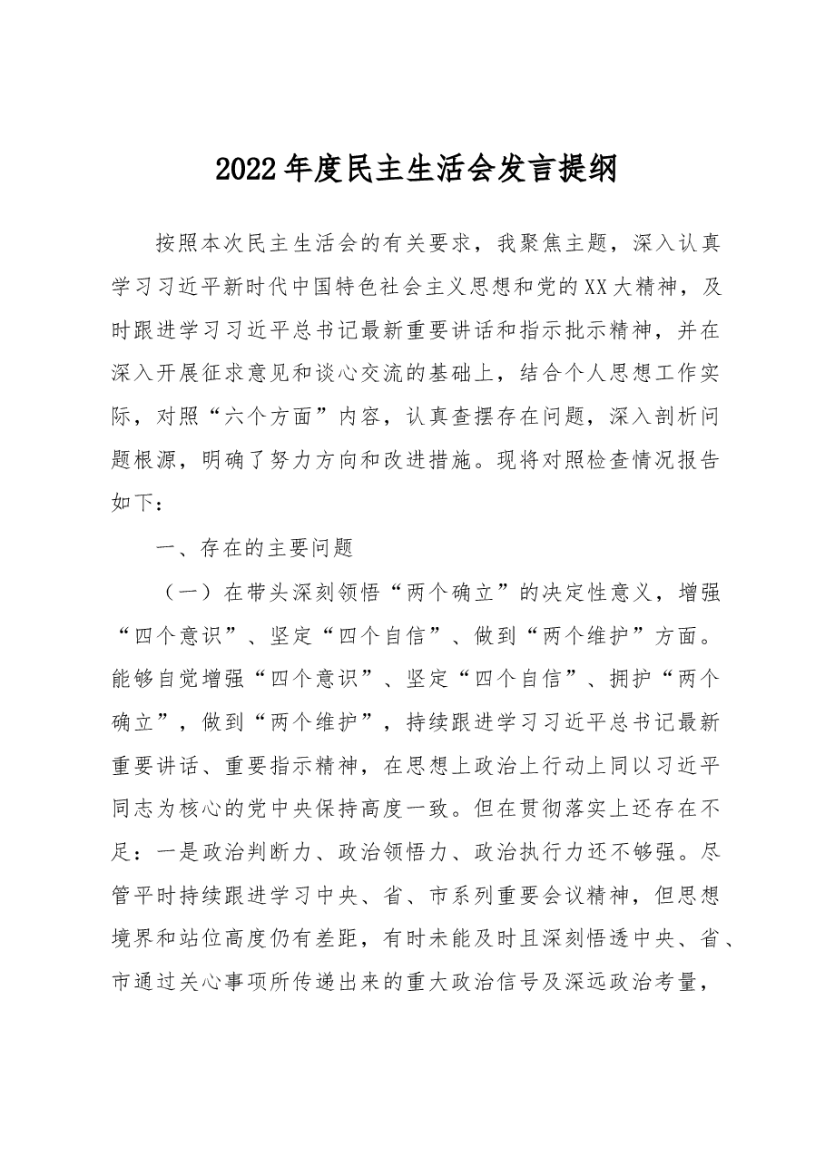 2022年度民主生活会发言提纲.docx,第1页预览