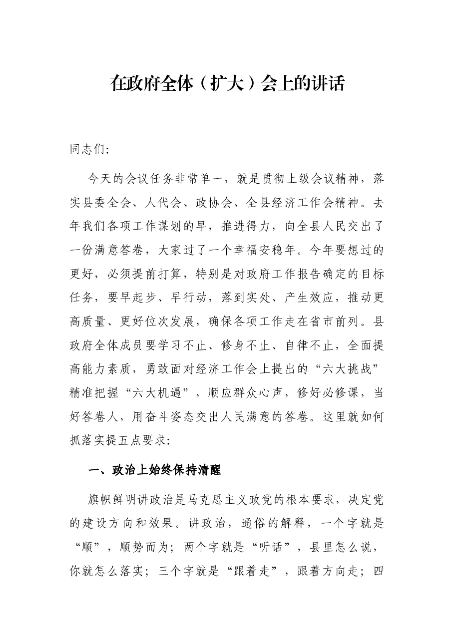 在政府全体(扩大)会上的讲话.docx,第1页预览