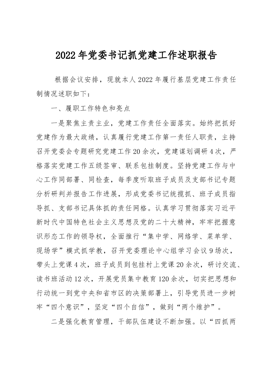 2022年党委书记抓党建工作述职报告.docx，第1页预览