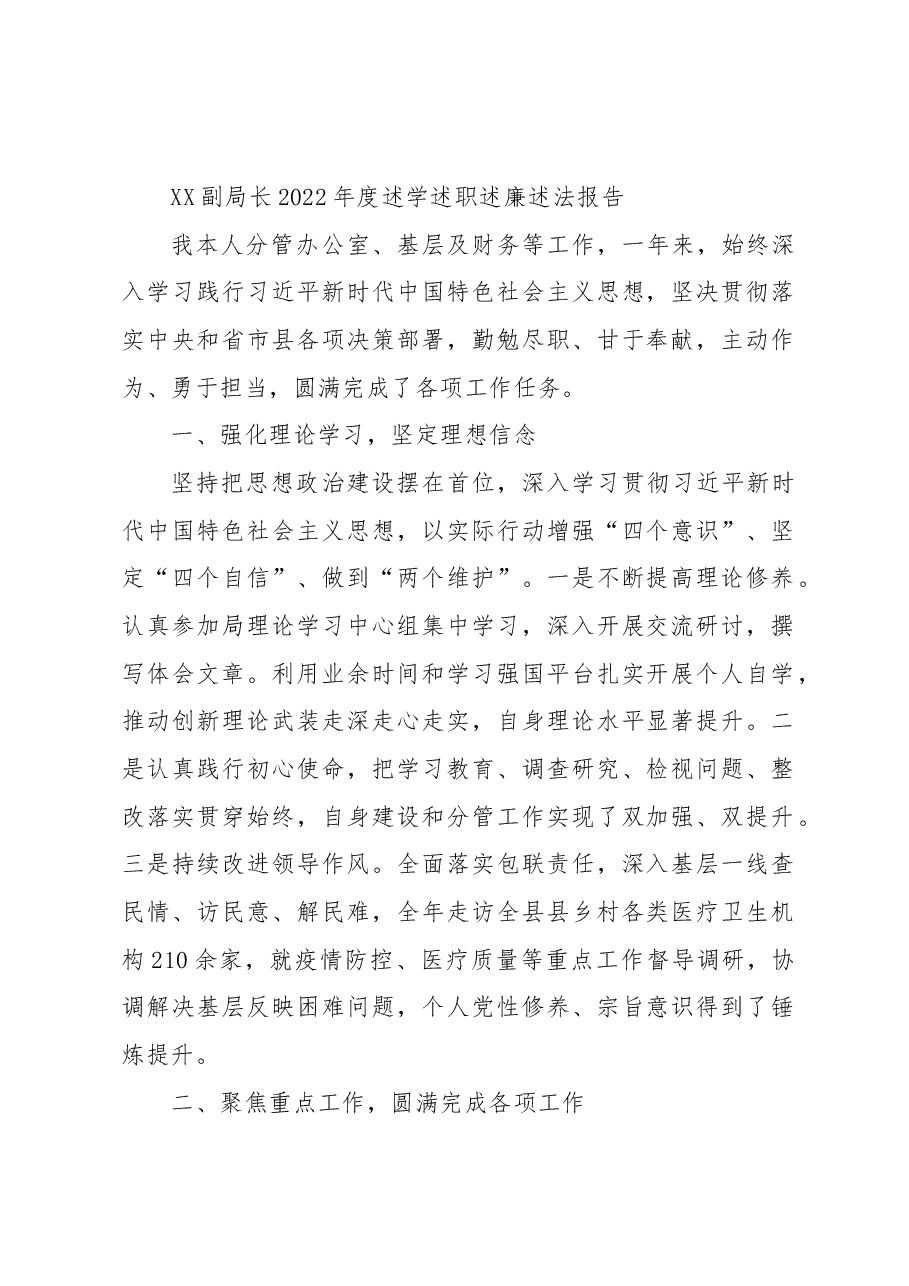 XX副局长2022年度述学述职述廉述法报告.docx,第1页预览
