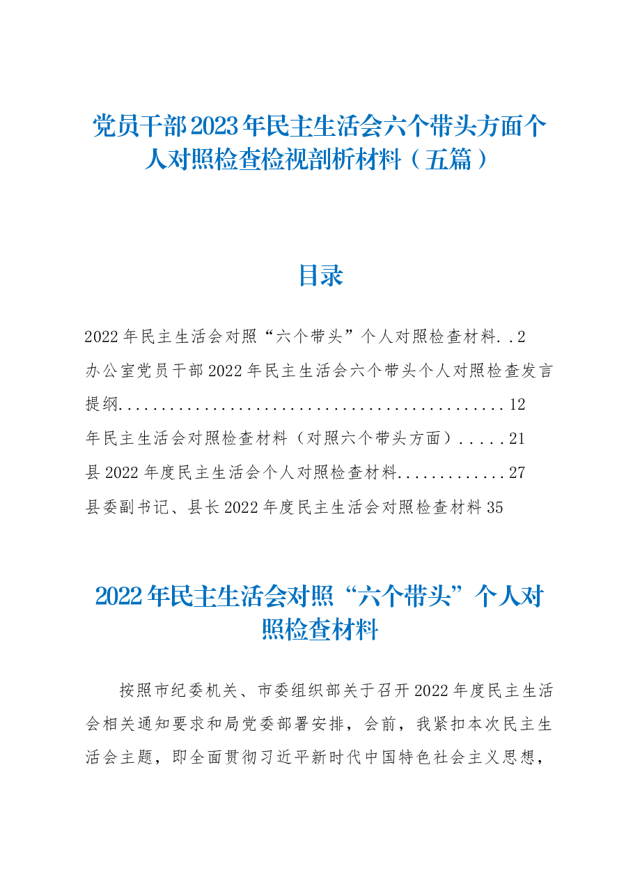 (5篇)党员干部2023年民主生活会六个带头方面个人对照检查检视剖析材料.docx,第1页预览