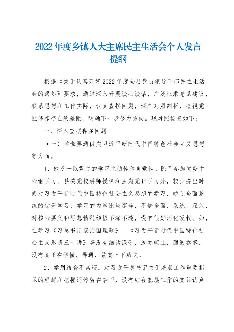2022年度乡镇人大主席民主生活会个人发言提纲.docx，第1页预览