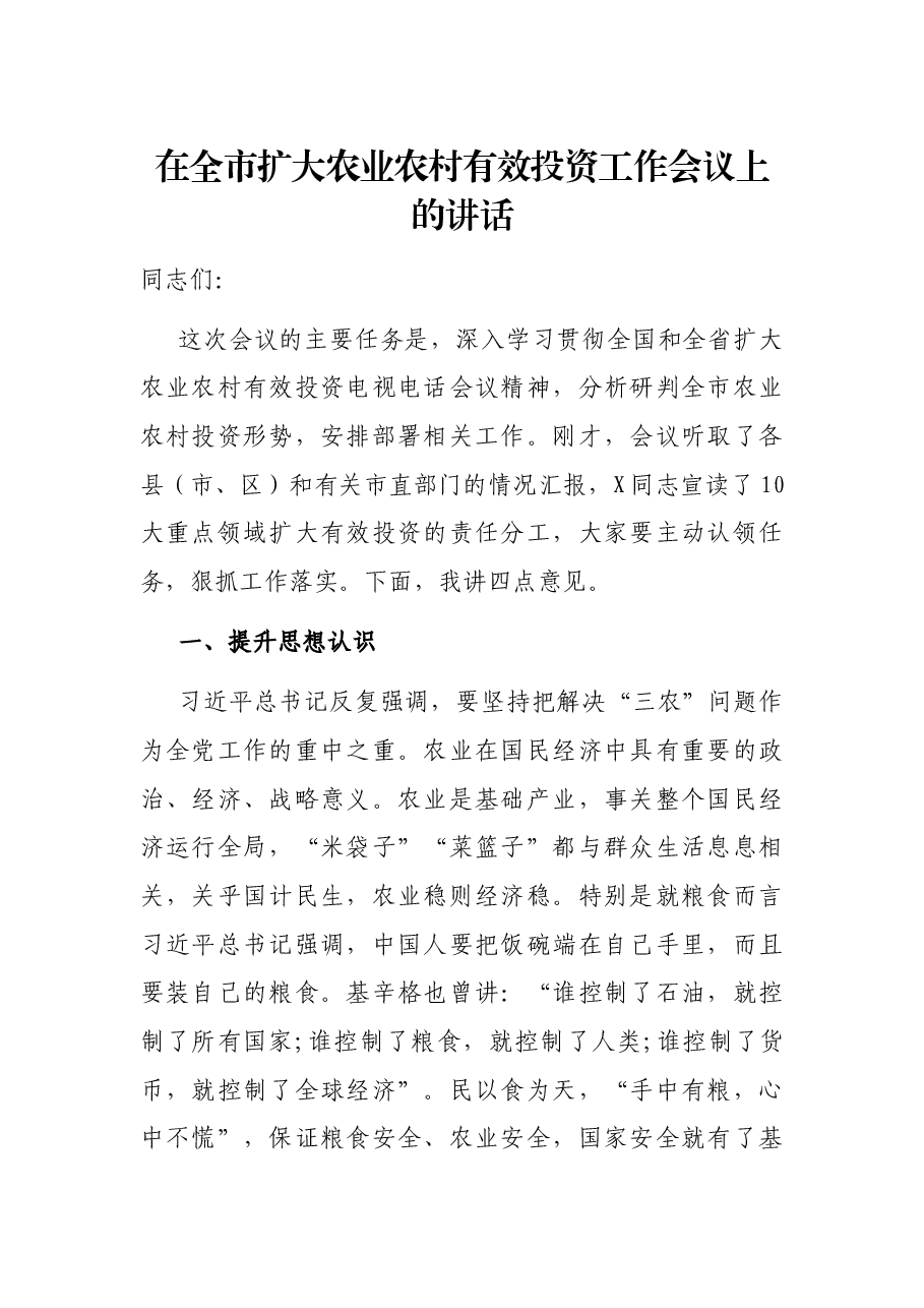 在全市扩大农业农村有效投资工作会议上的讲话.docx,第1页预览